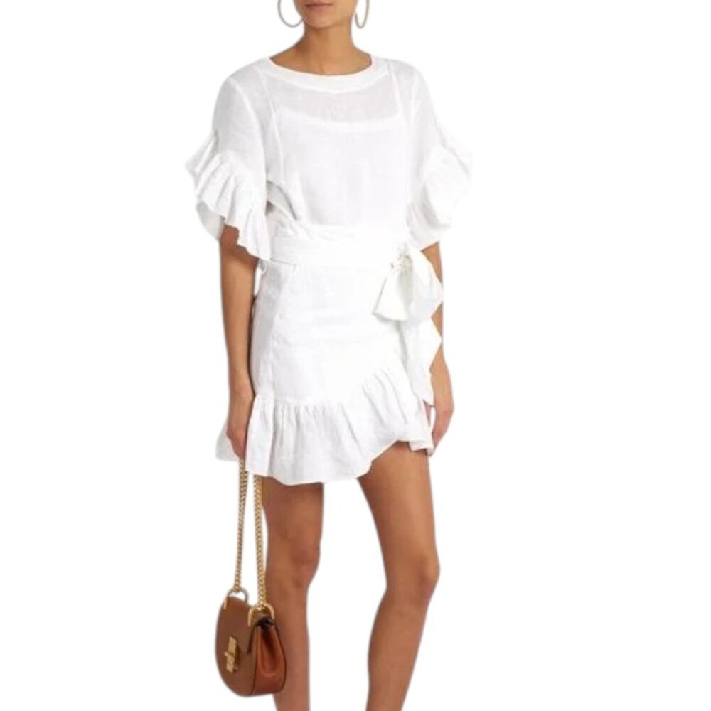 Isabel Marant Etoile Women's Delicia Linen Ruffle Tiered White Mini Dress, 38/6